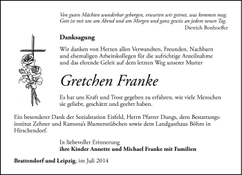 Traueranzeige von Gretchen Franke von Südthüringer Presse