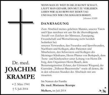 Traueranzeige von Joachim Krampe von Südthüringer Presse