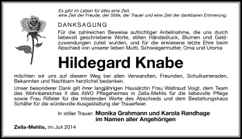 Traueranzeige von Hildegard Knabe von Südthüringer Presse