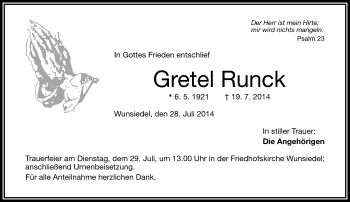 Traueranzeige von Gretel Runck von Frankenpost