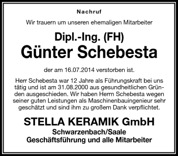 Traueranzeige von Günter Schebesta von Frankenpost