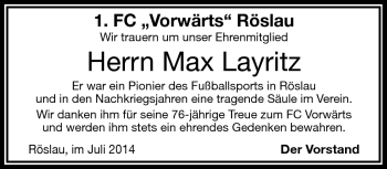 Traueranzeige von Max Layritz von Frankenpost