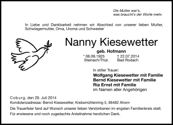 Traueranzeige von Nanny Kiesewetter von Neue Presse Coburg