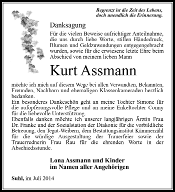 Traueranzeige von Kurt Assmann von Südthüringer Presse