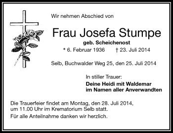 Traueranzeige von Josefa Stumpe von Frankenpost