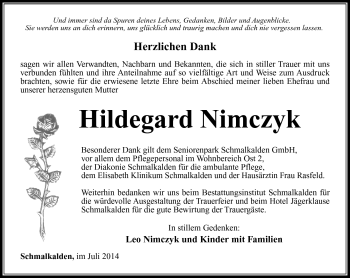 Traueranzeige von Hildegard Nimczyk von Südthüringer Presse