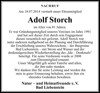 Traueranzeige von Adolf Storch von Südthüringer Presse