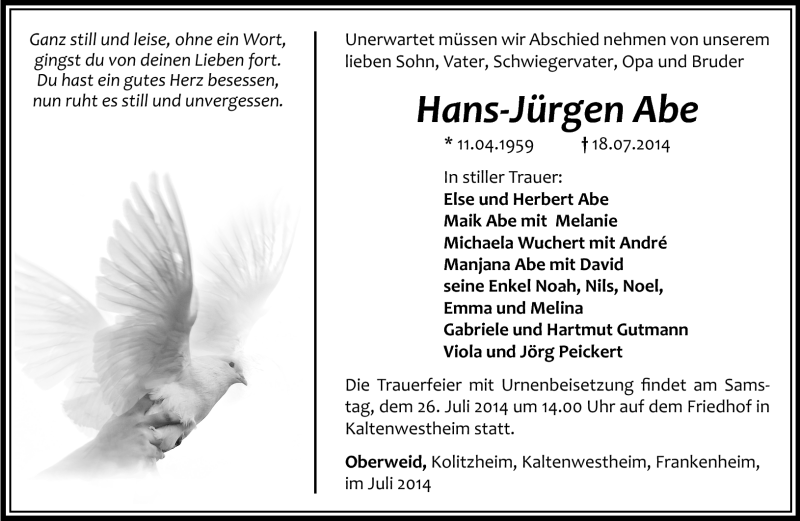  Traueranzeige für Hans-Jürgen Abe vom 25.07.2014 aus Südthüringer Presse