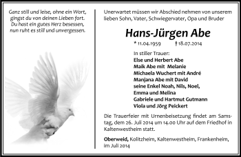 Traueranzeige von Hans-Jürgen Abe von Südthüringer Presse