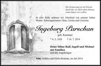 Traueranzeige von Ingeborg Parschan von Südthüringer Presse