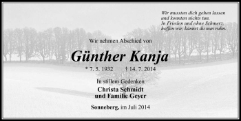 Traueranzeige von Günther Kanja von Südthüringer Presse