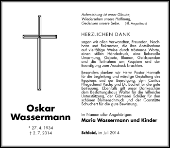 Traueranzeige von Oskar Wassermann von Südthüringer Presse