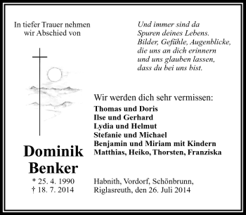 Traueranzeige von Dominik Benker von Frankenpost