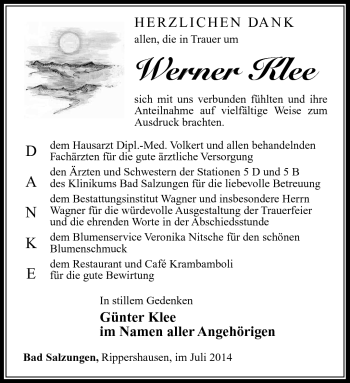 Traueranzeige von Werner Klee von Südthüringer Presse