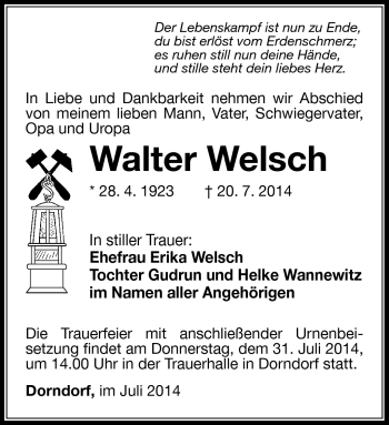 Traueranzeige von Walter Welsch von Südthüringer Presse