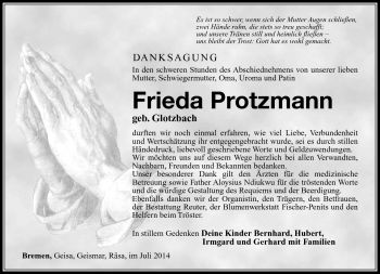 Traueranzeige von Frieda Protzmann von Südthüringer Presse
