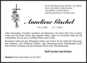 Traueranzeige von Anneliese Gischel von Südthüringer Presse