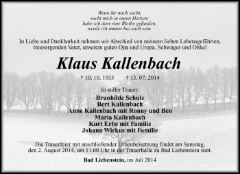 Traueranzeige von Klaus Kallenbach von Südthüringer Presse