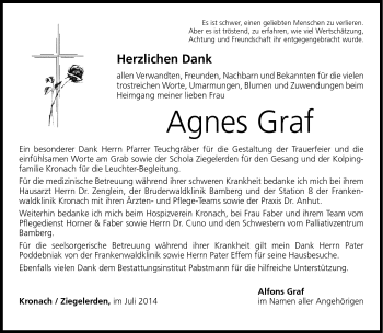 Traueranzeige von Agnes Graf von Neue Presse Coburg