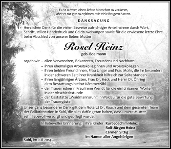 Traueranzeige von Rosel Heinz von Südthüringer Presse