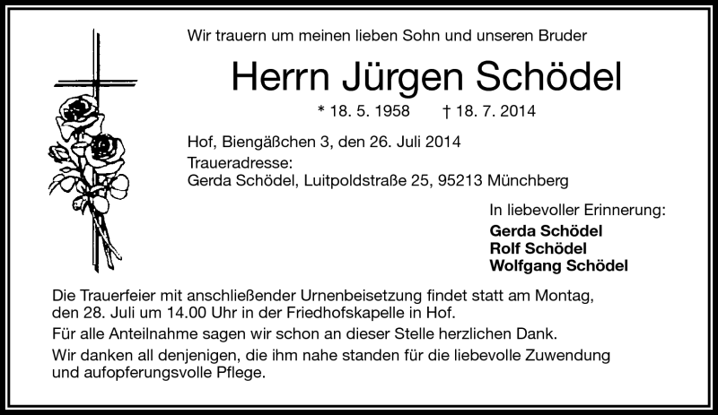  Traueranzeige für Jürgen Schödel vom 26.07.2014 aus Frankenpost