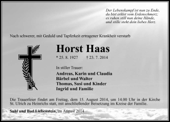 Traueranzeige von Horst Haas von Südthüringer Presse