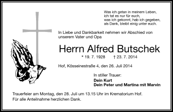Traueranzeige von Alfred Butschek von Frankenpost