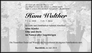 Traueranzeige von Hans Walther von Südthüringer Presse