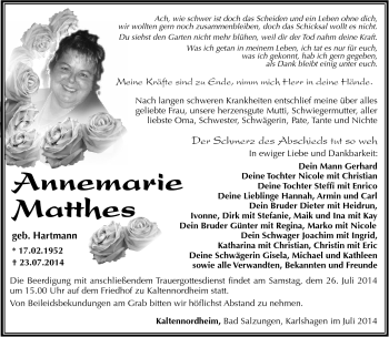 Traueranzeige von Annemarie Matthes von Südthüringer Presse