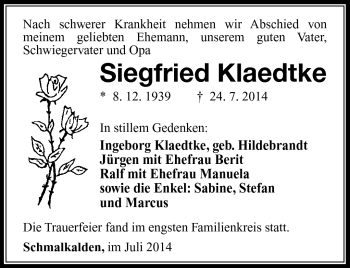Traueranzeige von Siegfried Klaedtke von Südthüringer Presse