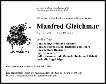 Traueranzeige von Manfred Gleichmar von Südthüringer Presse