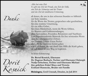 Traueranzeige von Dorit Kosnick von Südthüringer Presse