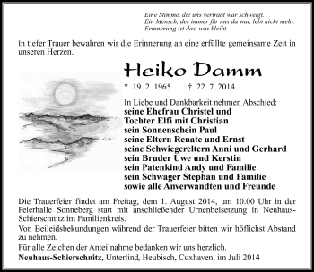 Traueranzeige von Heiko Damm von Südthüringer Presse