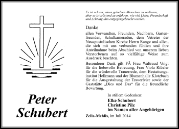 Traueranzeige von Peter Schubert von Südthüringer Presse