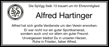 Traueranzeige von Alfred Hartinger von Frankenpost