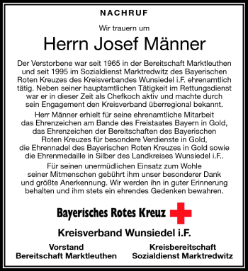 Traueranzeige von Josef Männer von Frankenpost