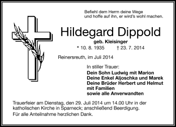 Traueranzeige von Hildegard Dippold von Frankenpost