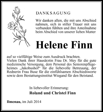 Traueranzeige von Helene Finn von Südthüringer Presse