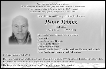 Traueranzeige von Peter Trinks von Neue Presse Coburg