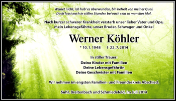 Traueranzeige von Werner köhler von Südthüringer Presse