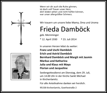 Traueranzeige von Frieda Damböck von Frankenpost