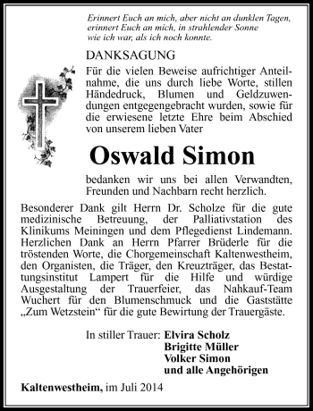 Traueranzeige von Oswald Simon von Südthüringer Presse