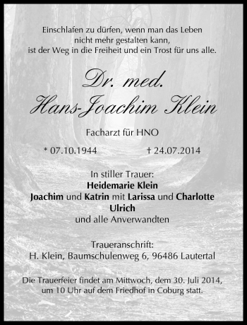 Traueranzeige von Hans-Joachim Klein von Neue Presse Coburg