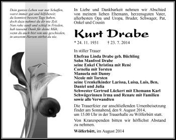 Traueranzeige von Kurt Drabe von Südthüringer Presse