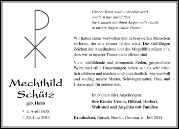 Traueranzeige von Mechthild Schütz von Südthüringer Presse