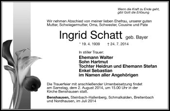 Traueranzeige von Ingrid Schatt von Südthüringer Presse