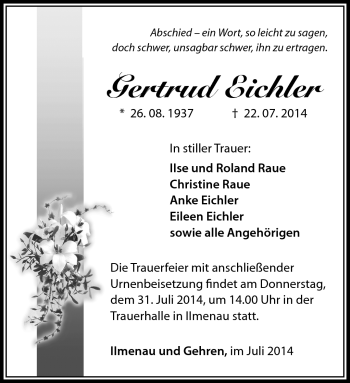 Traueranzeige von Gertrud Eichler von Südthüringer Presse