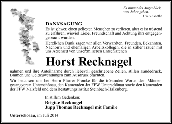 Traueranzeige von Horst Recknagel von Südthüringer Presse