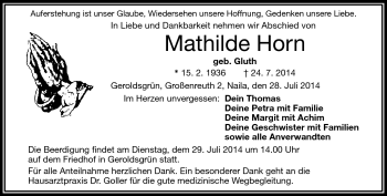 Traueranzeige von Mathilde Horn von Frankenpost