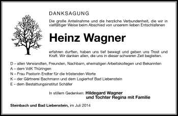 Traueranzeige von Heinz Wagner von Südthüringer Presse